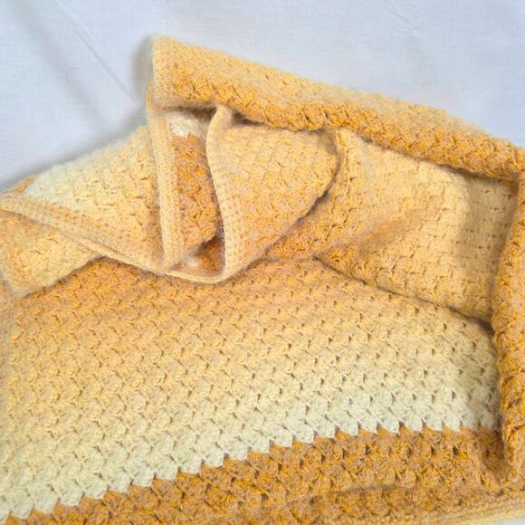 Handmade Crochet Afghan Blanket Striped Yellow Tan Cream 56x74 - Picture 2 of 4